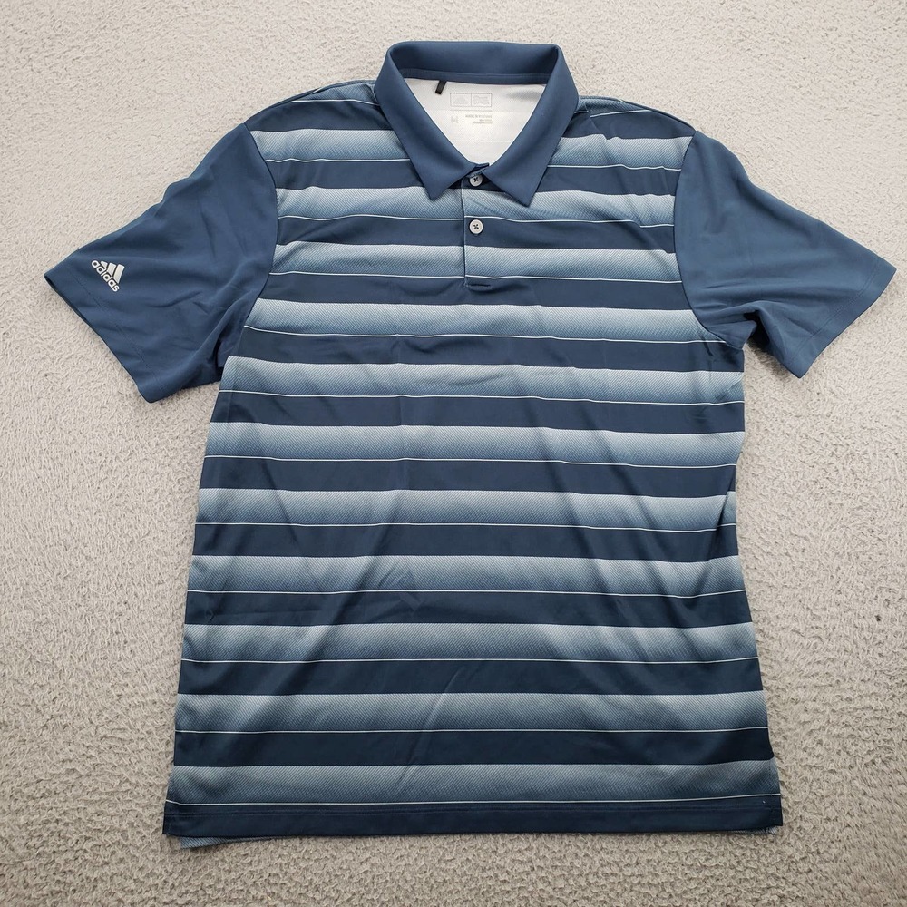 Adidas Shirt Mens Medium Blue Striped Short Sleeve Outdoors Sports Golf‎ Polo
